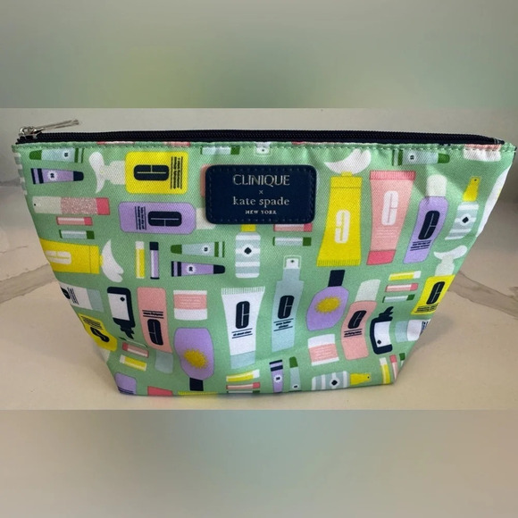 Clinique x kate spade cosmetic bag makeup mint green pink blue print logo 10"x6" - Picture 1 of 4